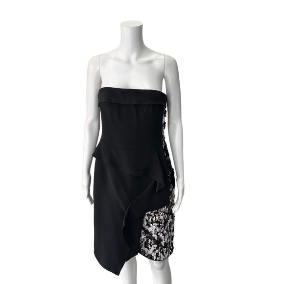 J Mendel Black Sequin Strapless Dress Size 10 100% Silk Short Mini Sheath - Picture 1 of 11
